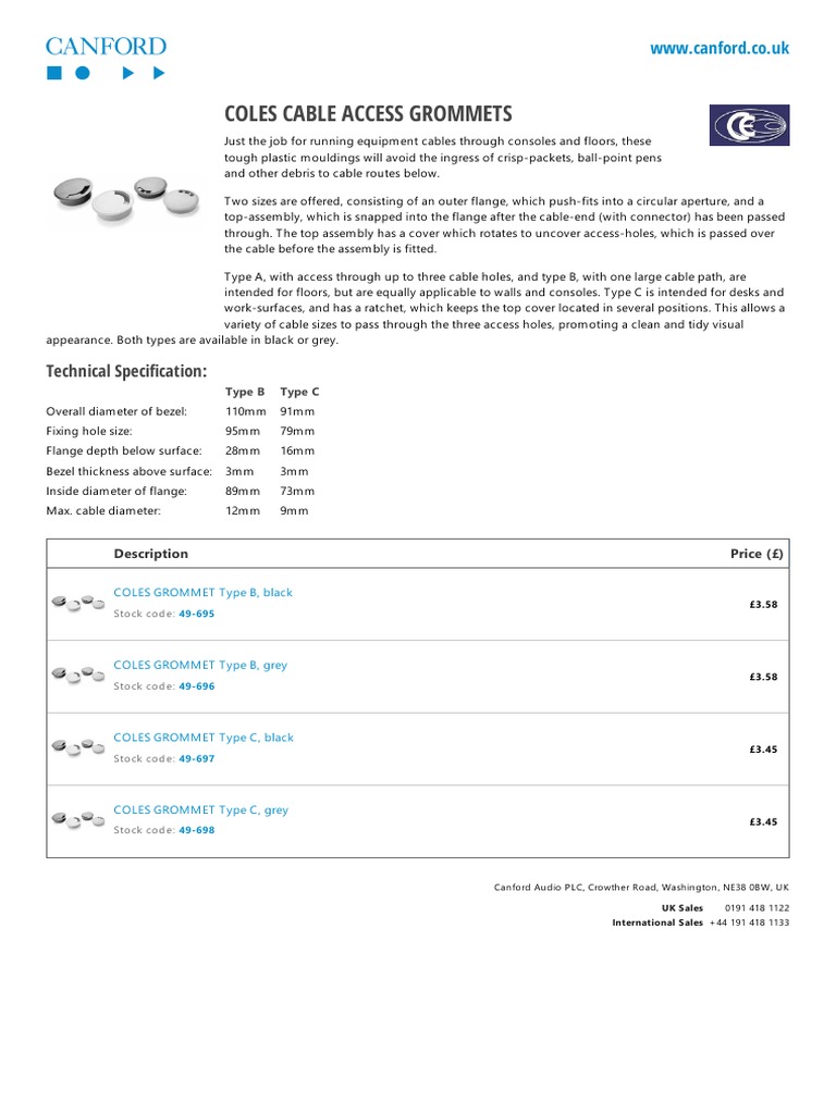 Coles Cable Access Grommets Canford PDF Equipment Manufactured