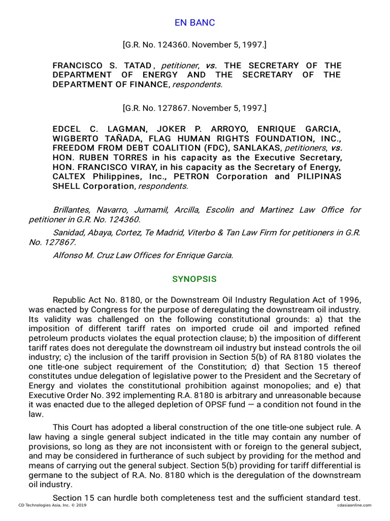 Analysis of the Constitutionality of the Downstream Oil Industry Deregulation Act and Resolution