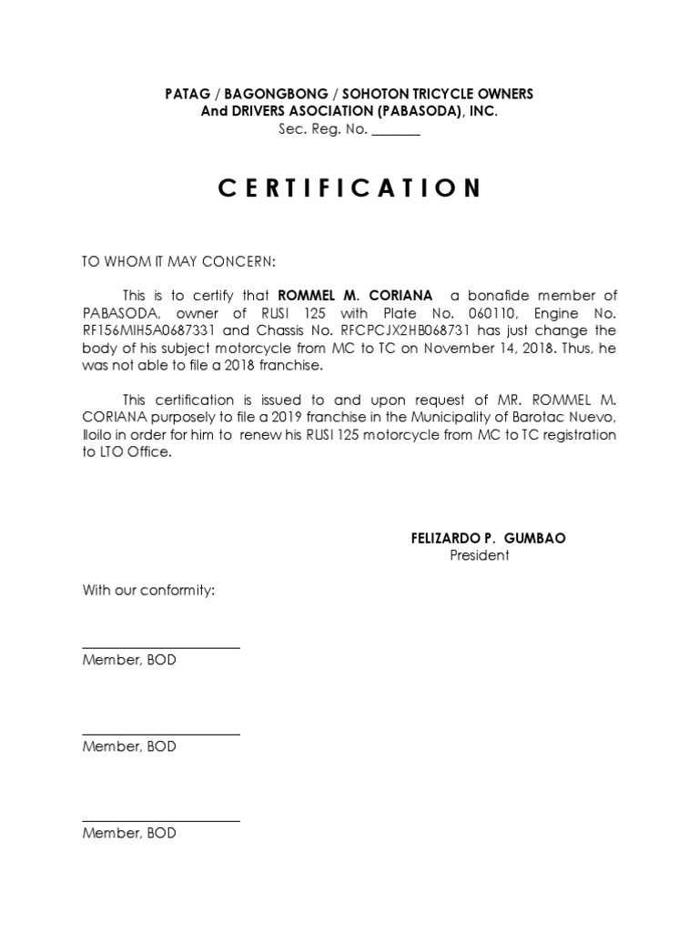 Certification Patag / Bagongbong / Sohoton Tricycle Owners and Drivers