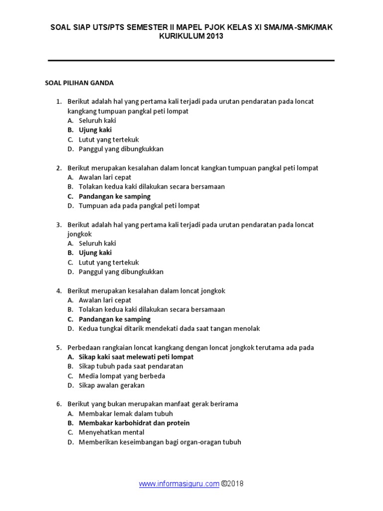 Soal Jawab Siap Uts Pts Ii Pjok Kelas 11 Sma Ma Smk Mak