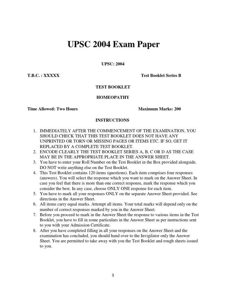 UPSC Homoeopathy 2004 Question Paper Download Free PDF Homeopathy