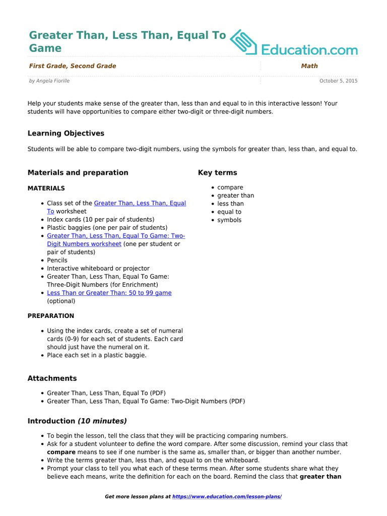 Greater Than Less Than Equal To Game | PDF | Numbers | Lesson Plan
