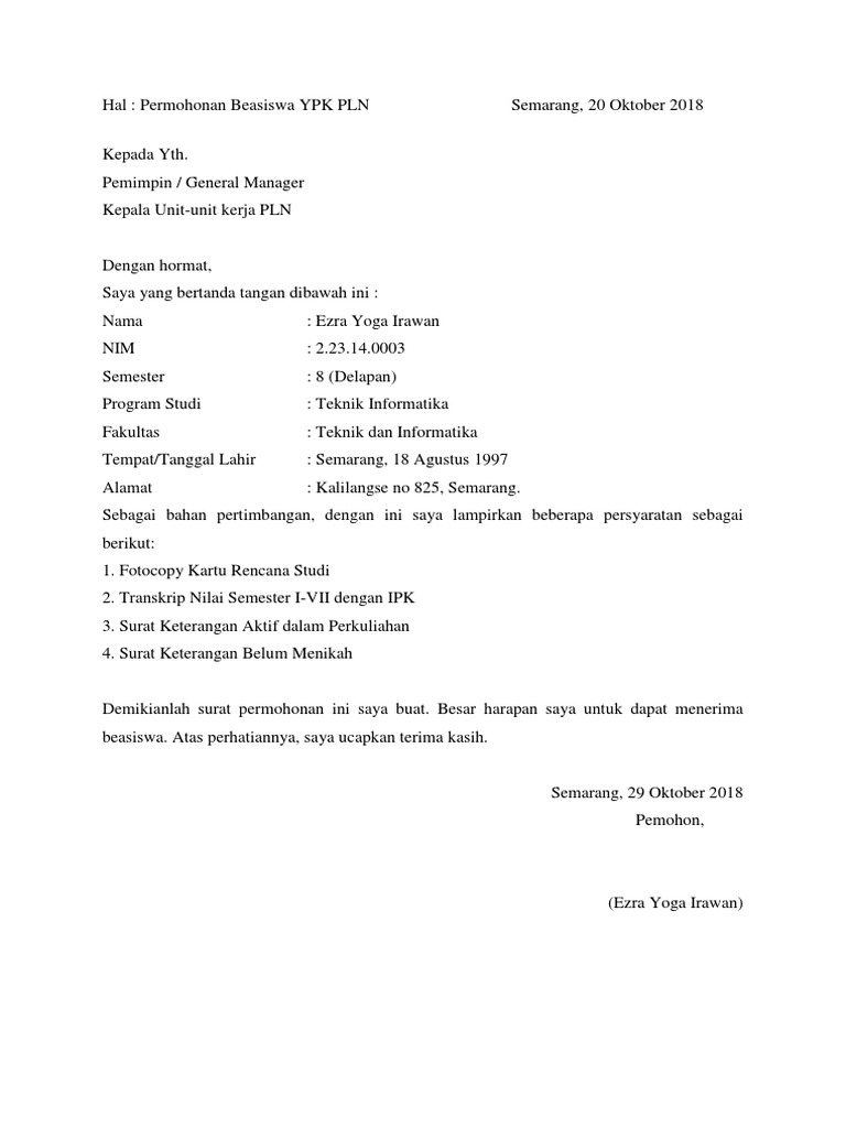 Contoh Surat Pengajuan Beasiswa Pdf