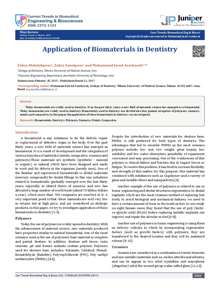 Application of Biomaterials in Dentistry PDF Dental Composite Metals