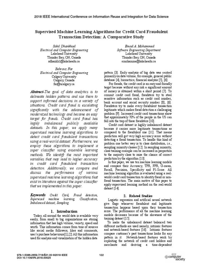 Supervised Machine Learning Algorithms For Credit Card Fraudulent Transaction Detection A Comparative Study Statistical Classification Machine Learning