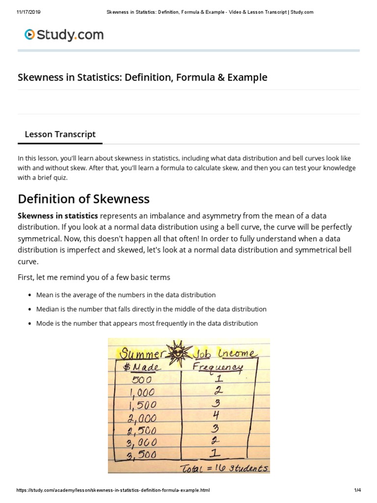 Skewness In Statistics Definition Formula Example Video Lesson Transcript Study Com Skewness Mean