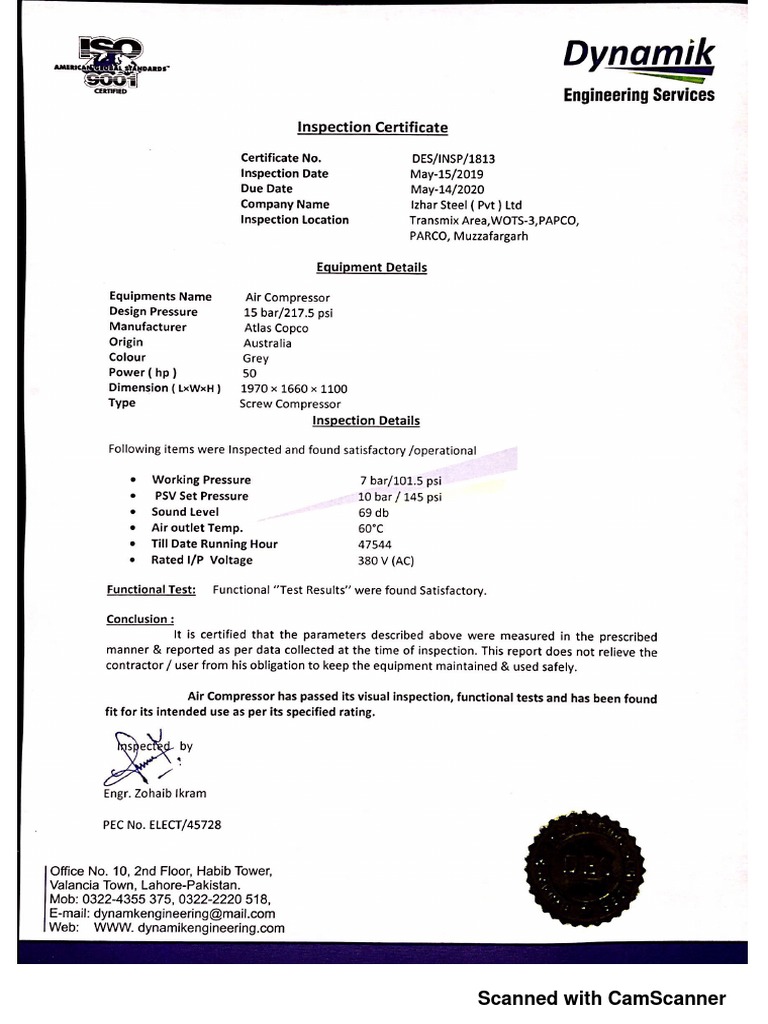 Air Compressor Calibration Certificates Template PDF