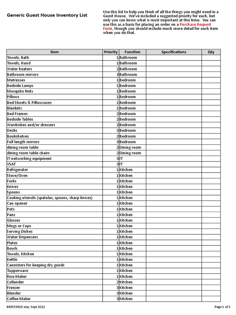 Guest House Inventory Checklist | PDF | Kitchen | Bedroom