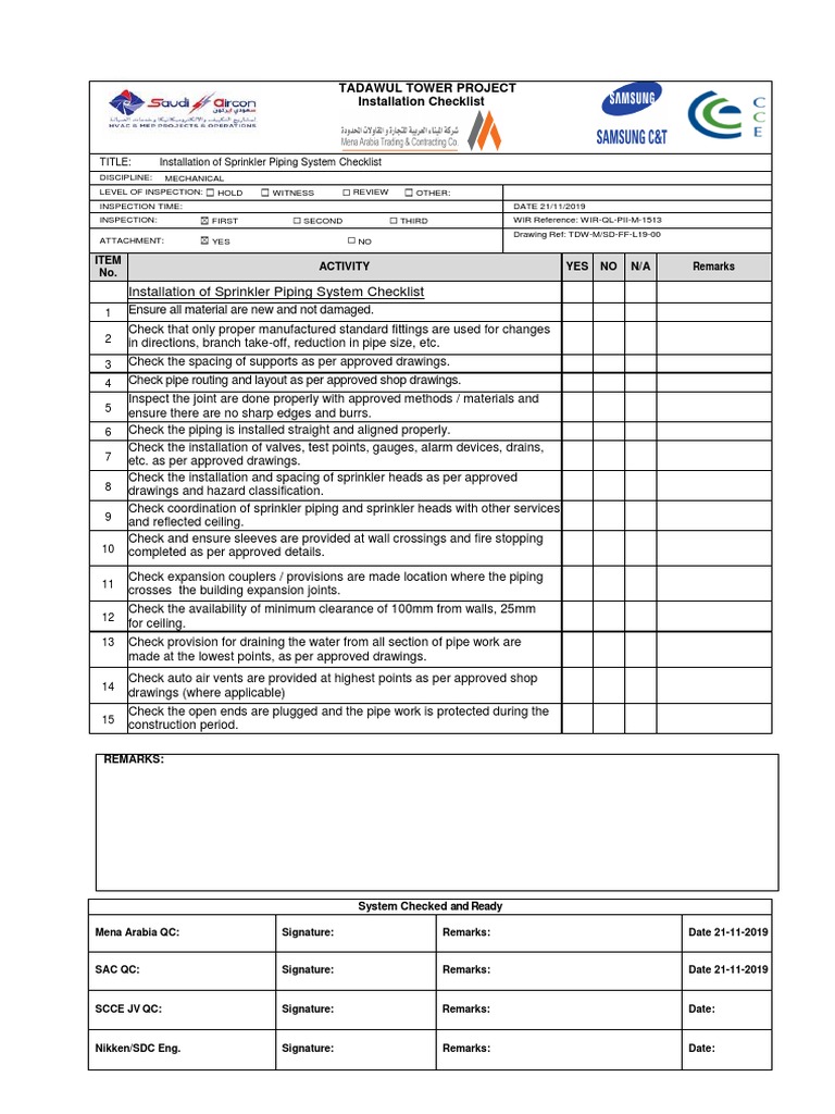 Installation of Sprinkler Piping System Checklist Item No. Activity