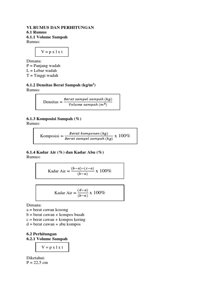 Rumus Dan Perhitungan Densitas Komposisi Kadar Air Dan Kadar Abu Sampah