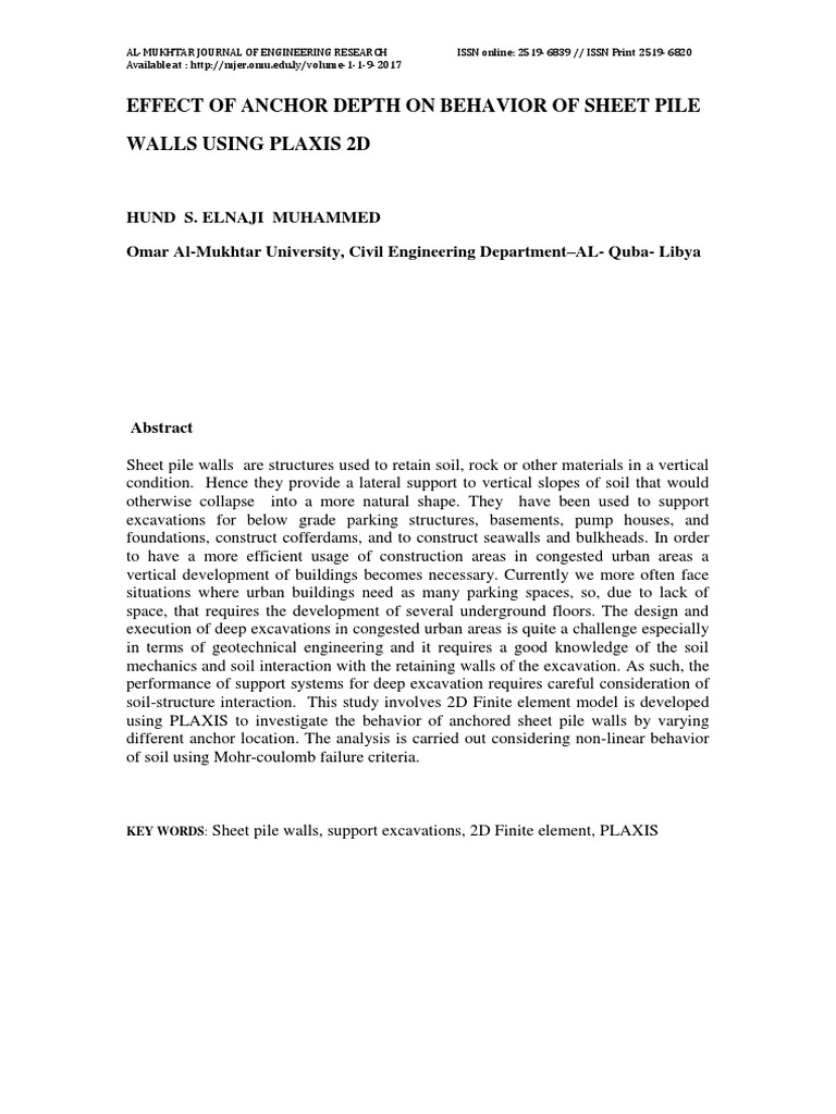 Effect of Anchor Depth On Behavior of Sheet Pile Walls Using Plaxis 2D ...