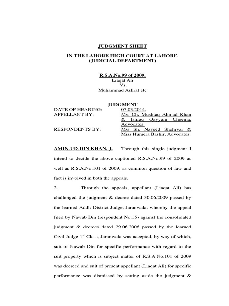 Lahore High Court R.S.A. Judgment 2009 | PDF | Lawsuit | Judgment (Law)