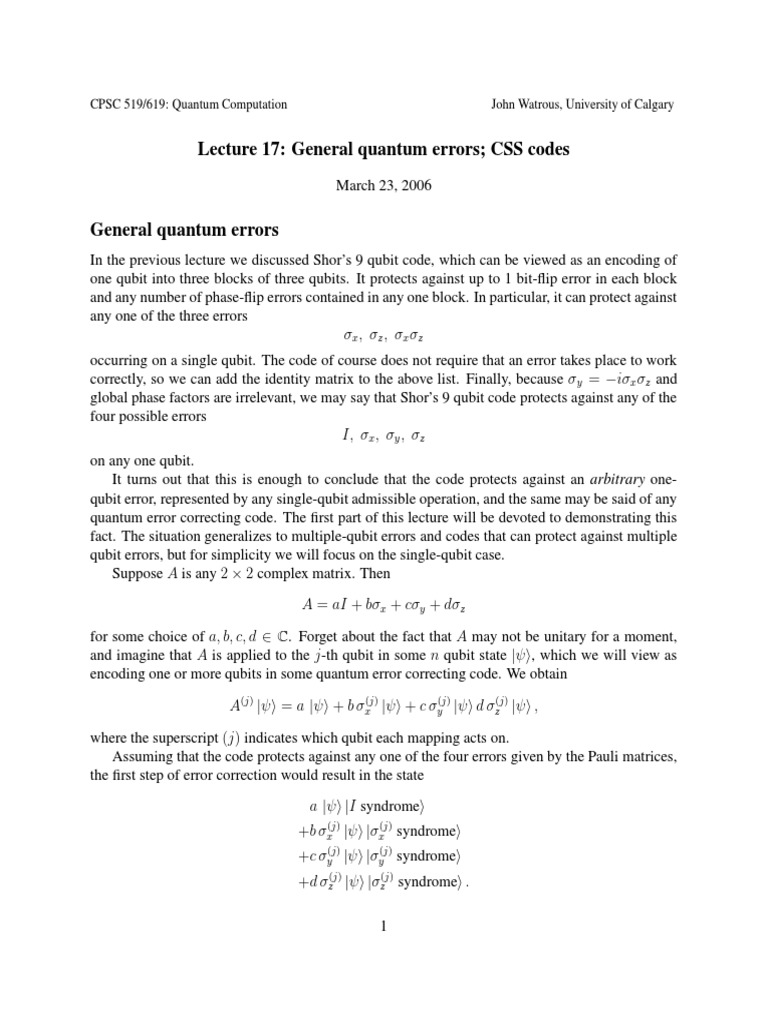 Lecture 17: General Quantum Errors CSS Codes: CPSC 519/619: Quantum ...