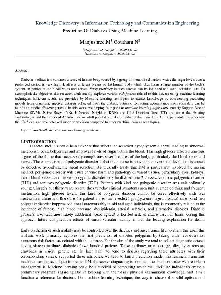 Prediction of Diabetes Using Machine Learning | PDF | Statistical ...