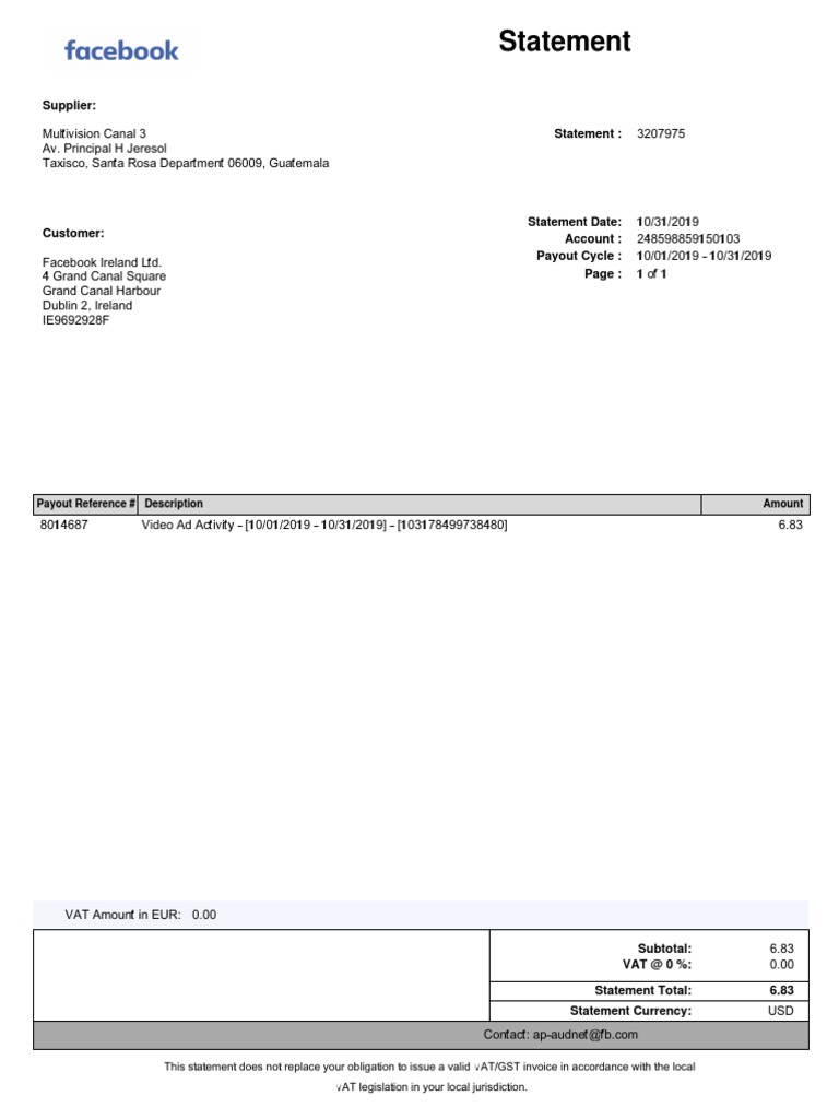 Facebook Ireland Ltd. Payment Statement | PDF