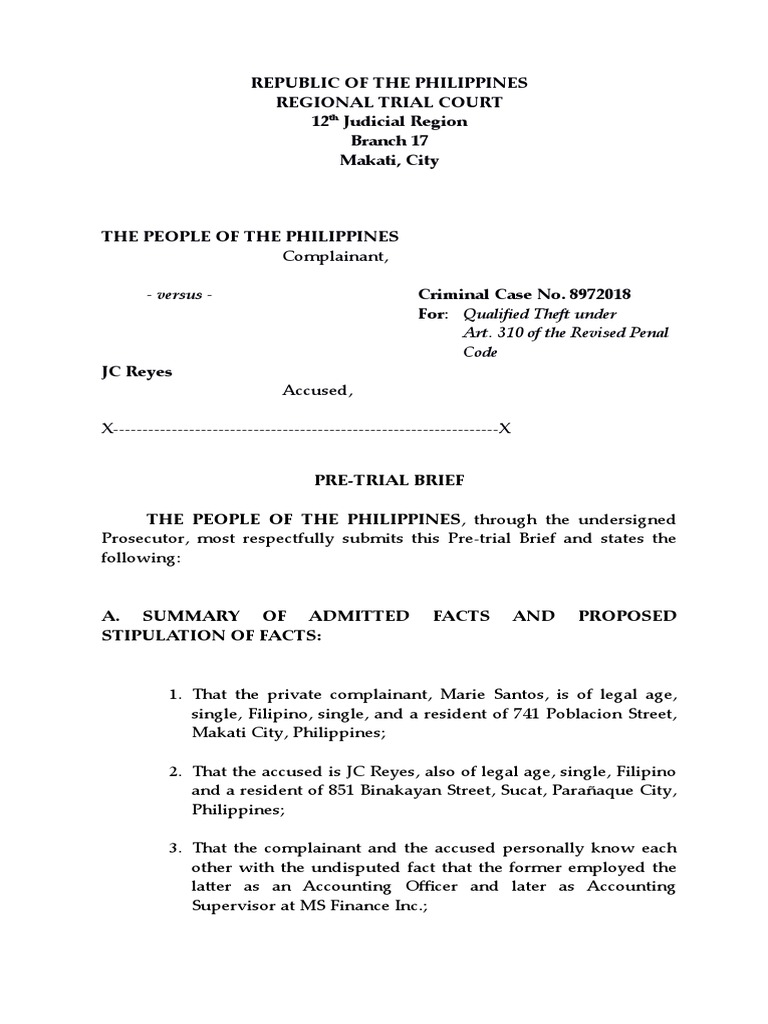 Pre-Trial Brief: Qualified Theft Case | PDF | Affidavit | Theft
