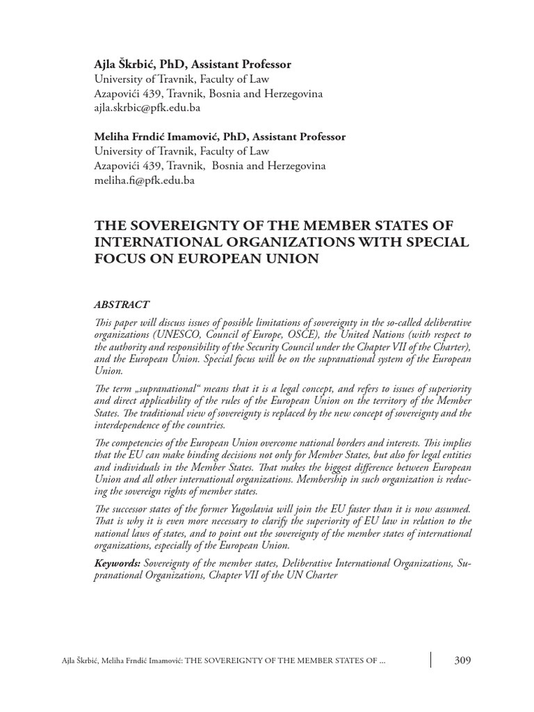 EU Sovereignty and Supranationalism | PDF | Member State Of The ...