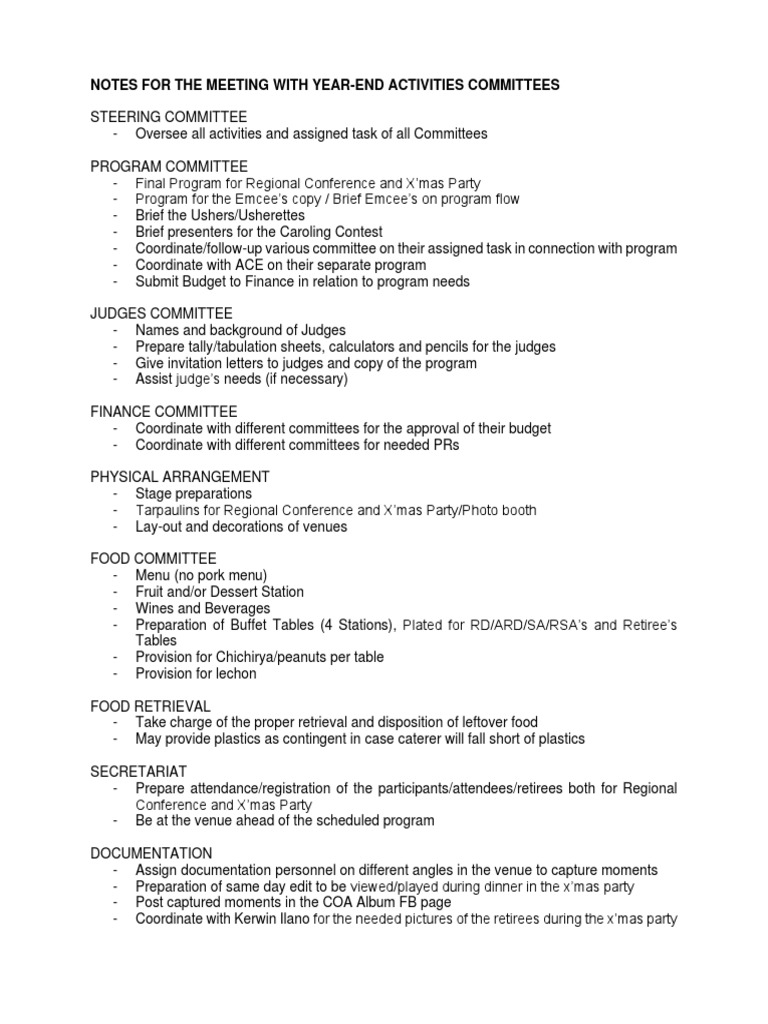 Notes For The Meeting With Year-End Activities Committees | PDF | Food ...
