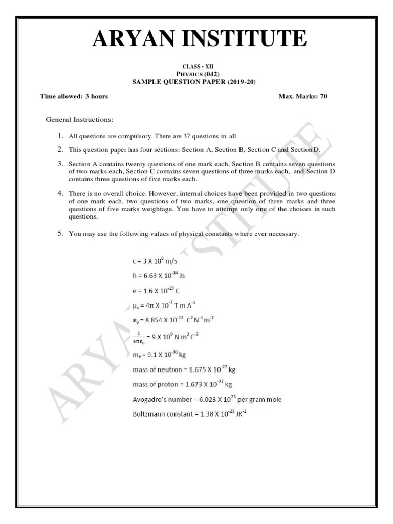Class 12 Physics Sample Question Paper | PDF | Electron | Photoelectric ...