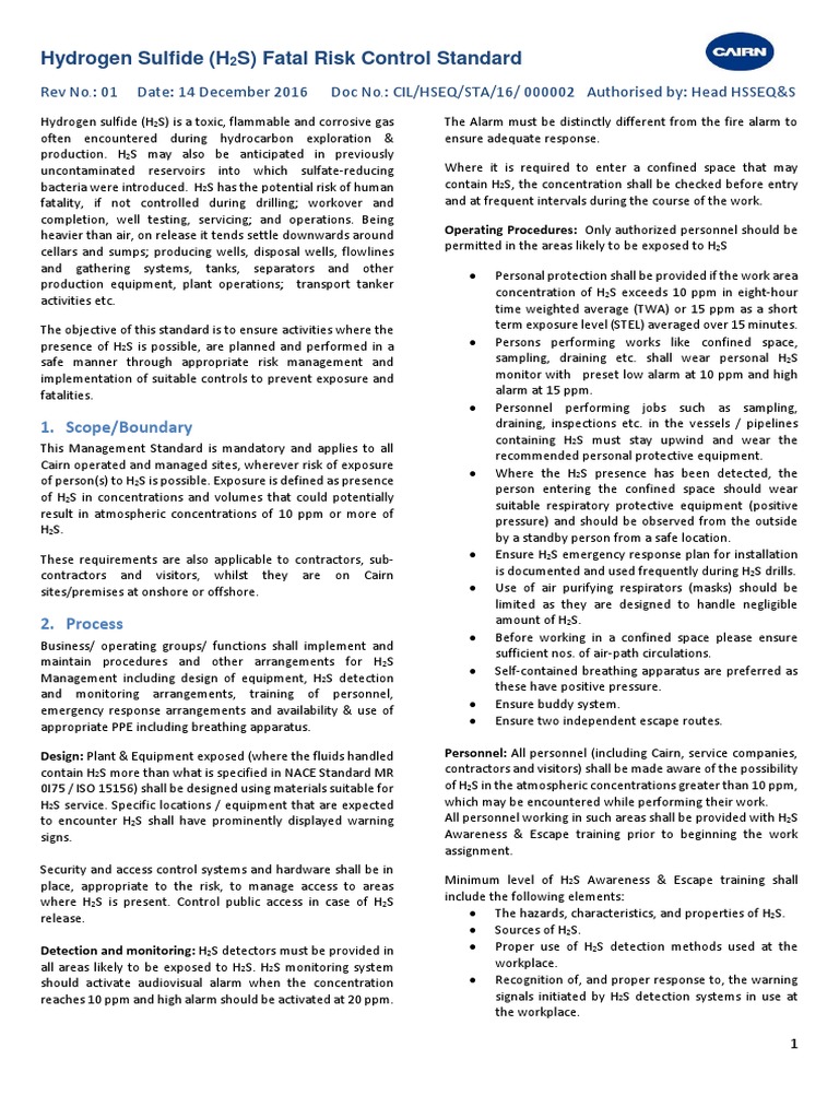 H2S Fatal Risk Control Standard Guide | PDF | Personal Protective ...