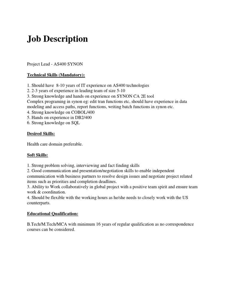 Project Lead Job Description - AS400 SYNON | PDF | Career & Growth
