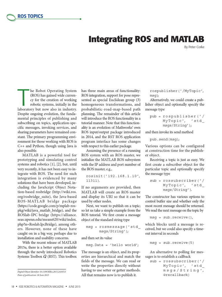 Integrating ROS and MATLAB | PDF | Matlab | Computer Programming