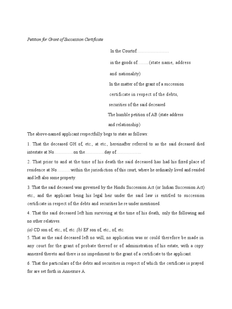 Petition For Grant of Succession Certificate-Deeds-Testamentary 