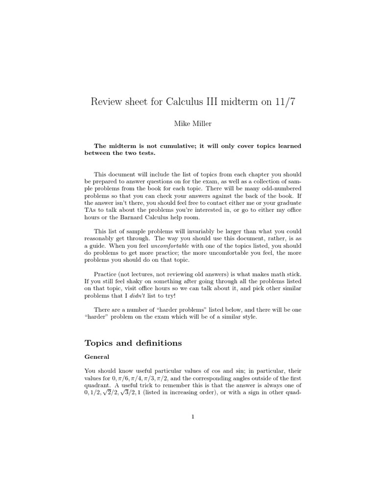 Calculus III Midterm Review Guide | PDF | Derivative | Function ...