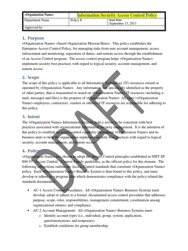 TEMPLATE Information Security Access Control Policy PDF Information Security Access Control