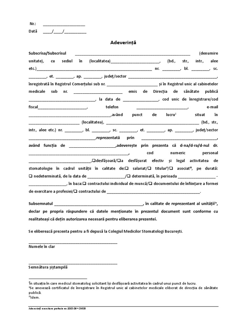 Model Adeverinta Exercitare Profesie Cmsb Docx