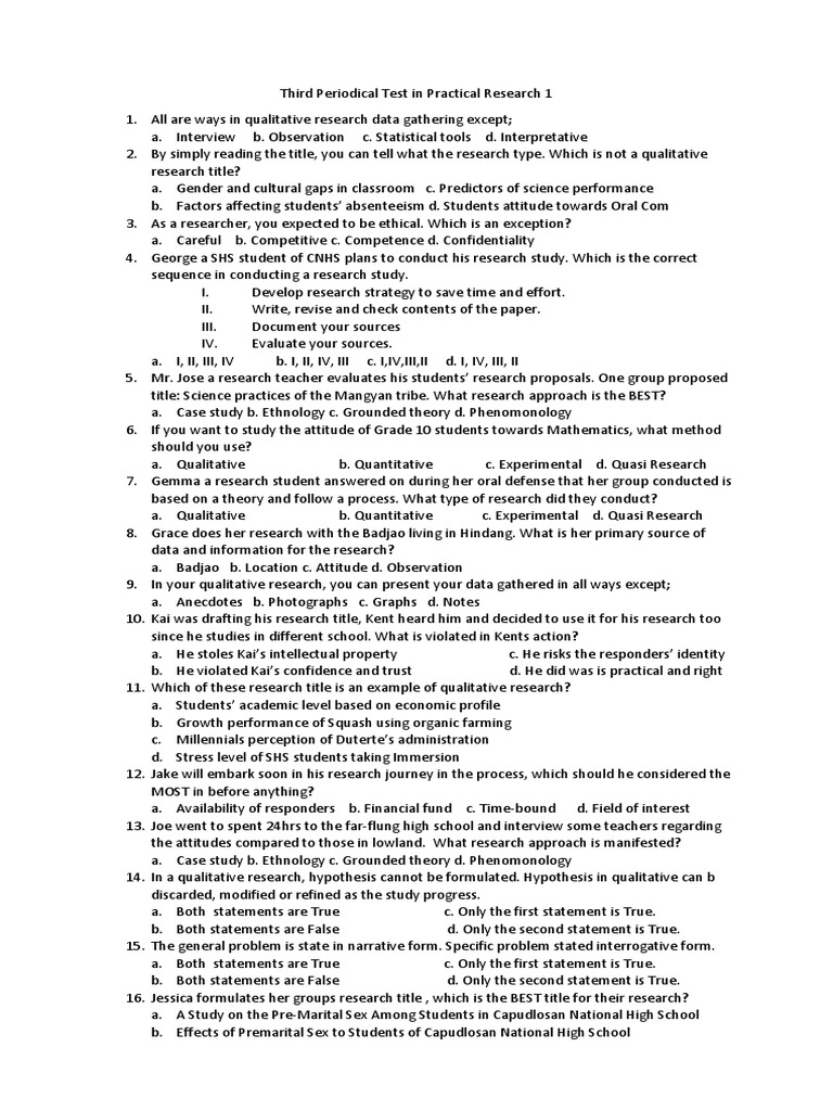Third Periodical Test In Prac Research 1 Pdf Qualitative Research Quantitative Research