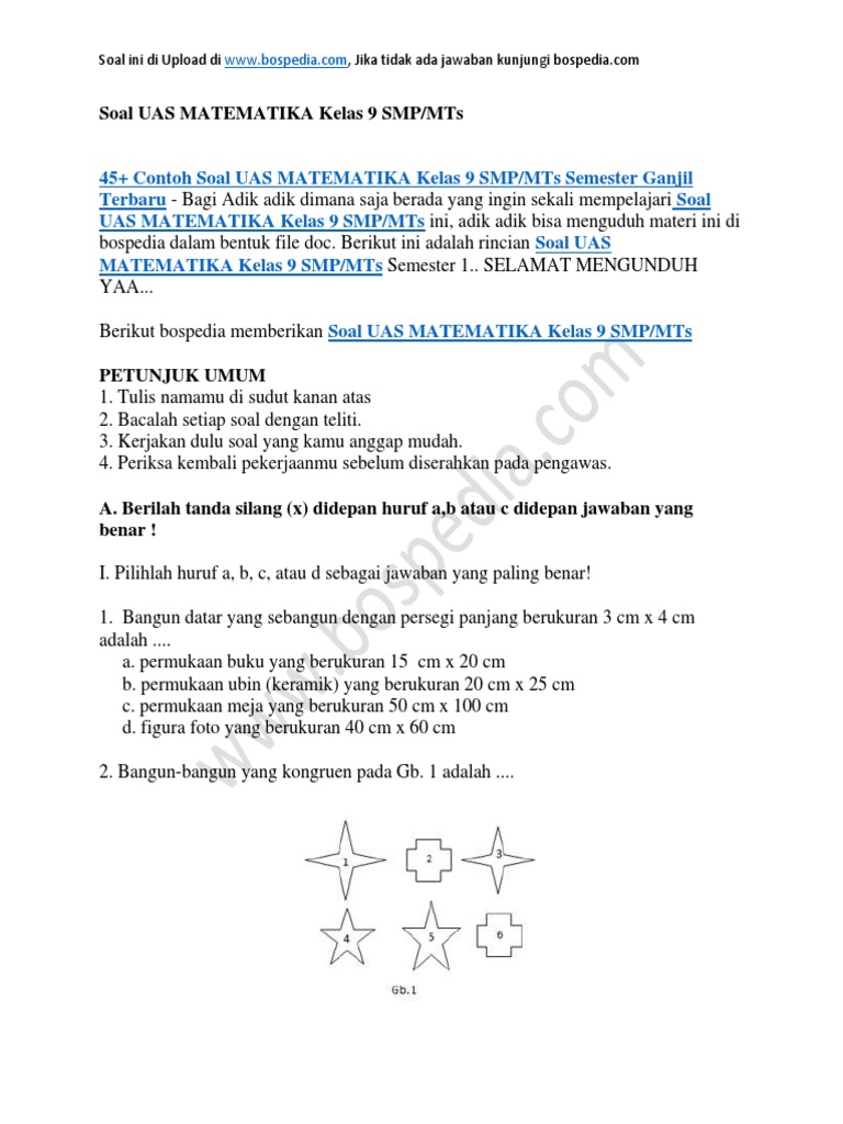 45 Contoh Soal Uas Matematika Kelas 9 Smp Mts Semester Ganjil