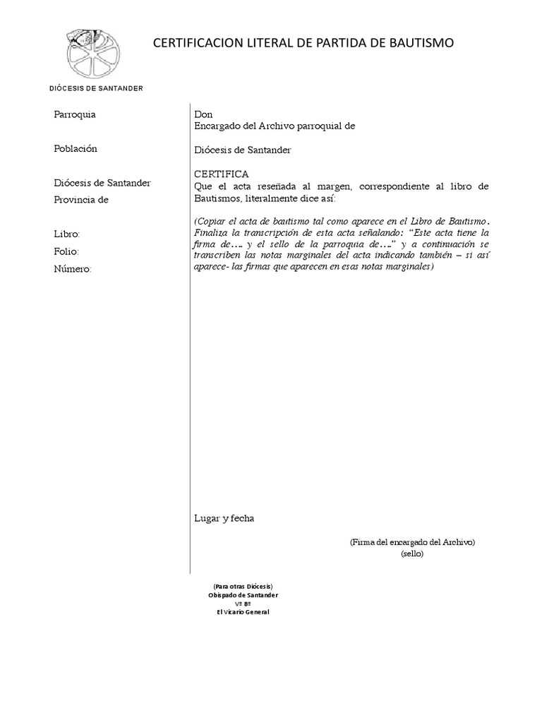 Bautismo Certificación Literal de Partida de Bautismo PDF