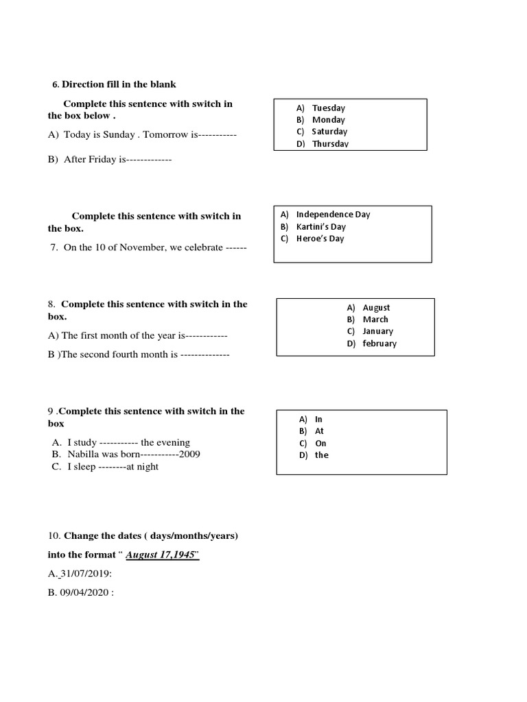 Direction Fill in The Blank Complete This Sentence With Switch in The Box Below PDF