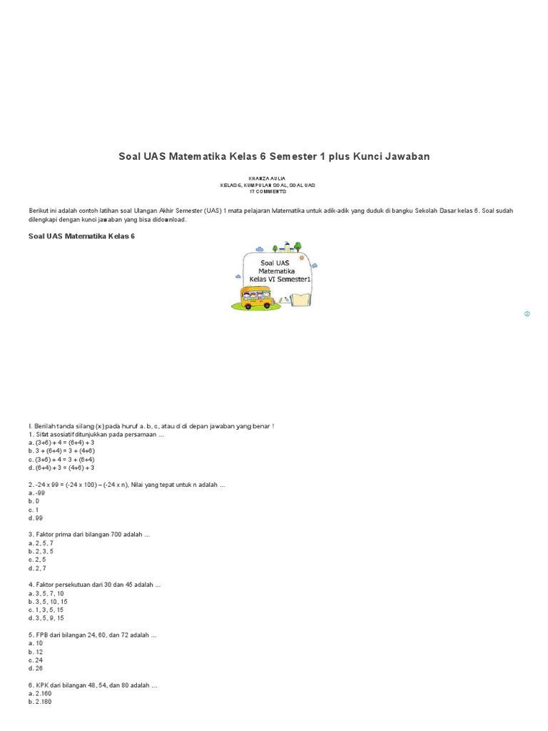 Soal Uas Matematika Kelas 6 Semester 1 Plus Kunci Jawaban Juragan Les Pdf