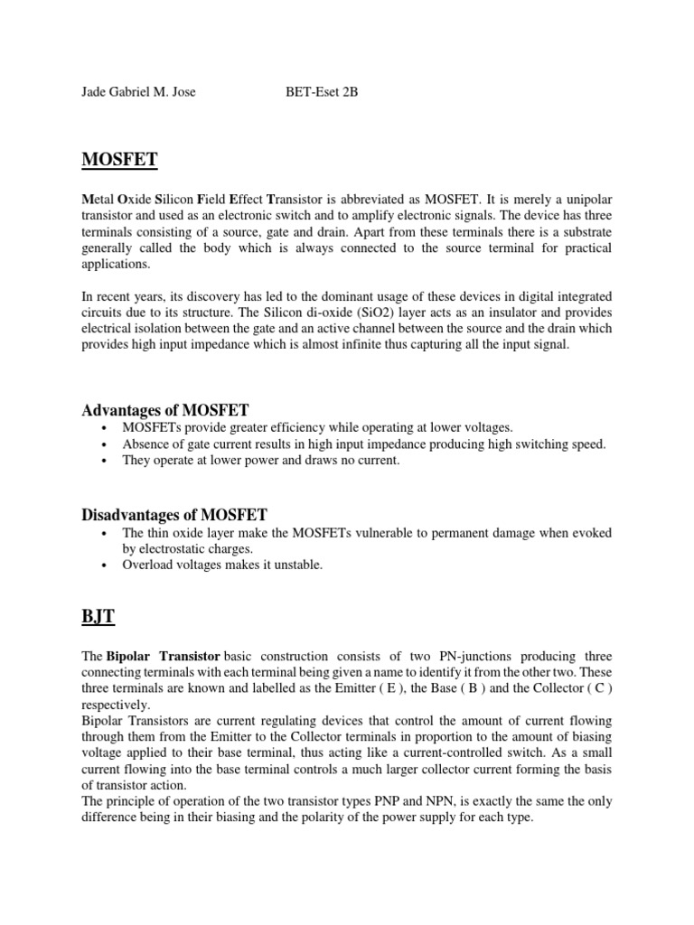 A Comparison of MOSFETs, BJTs, and FETs Advantages, Disadvantages, and