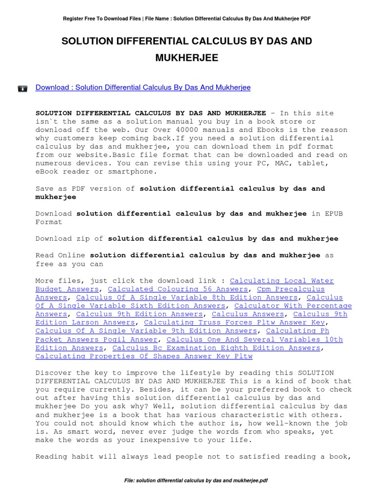 Solution Differential Calculus by Das and Mukherjee PDF E Books Calculus