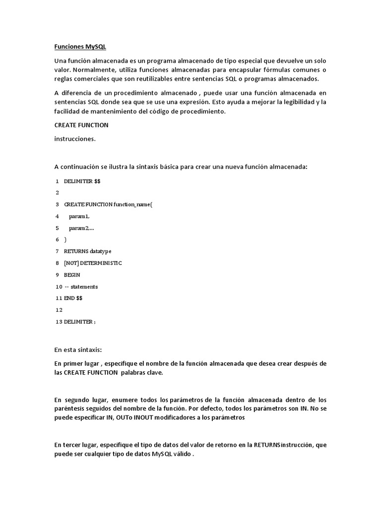 Funciones Almacenadas en MySQL | PDF | SQL | Bases de datos