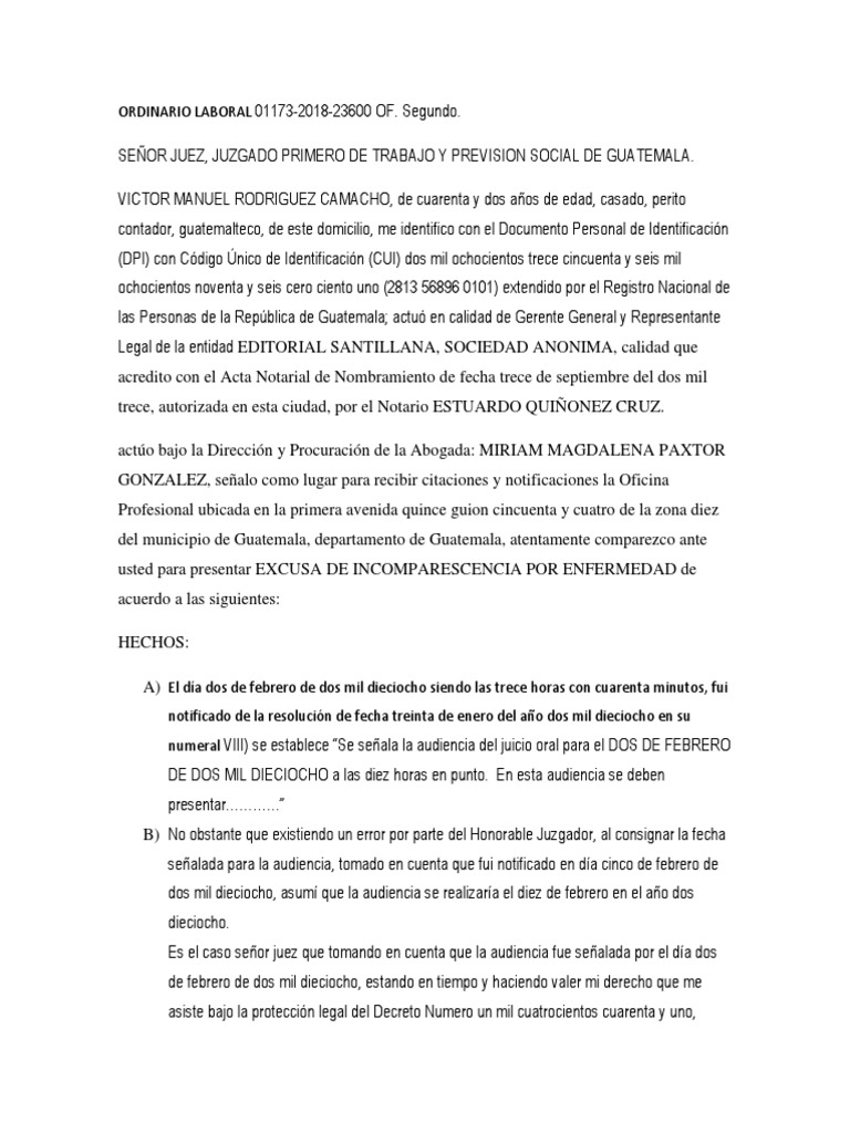 Excusa de Incomparescencia Por Enfermedad | PDF | Guatemala | Información  del gobierno