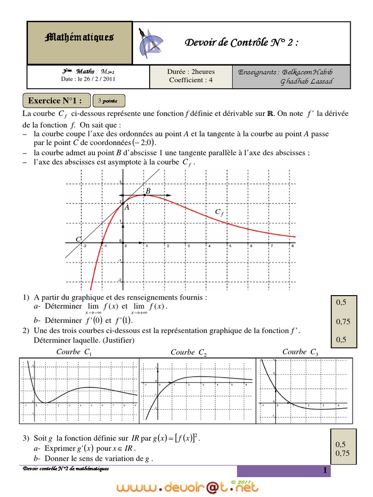 Devoir De Controle N 2 Math 3eme Mathematiques 10 11 Mr Ghaddab Lassad Asymptote Fonction Mathematiques