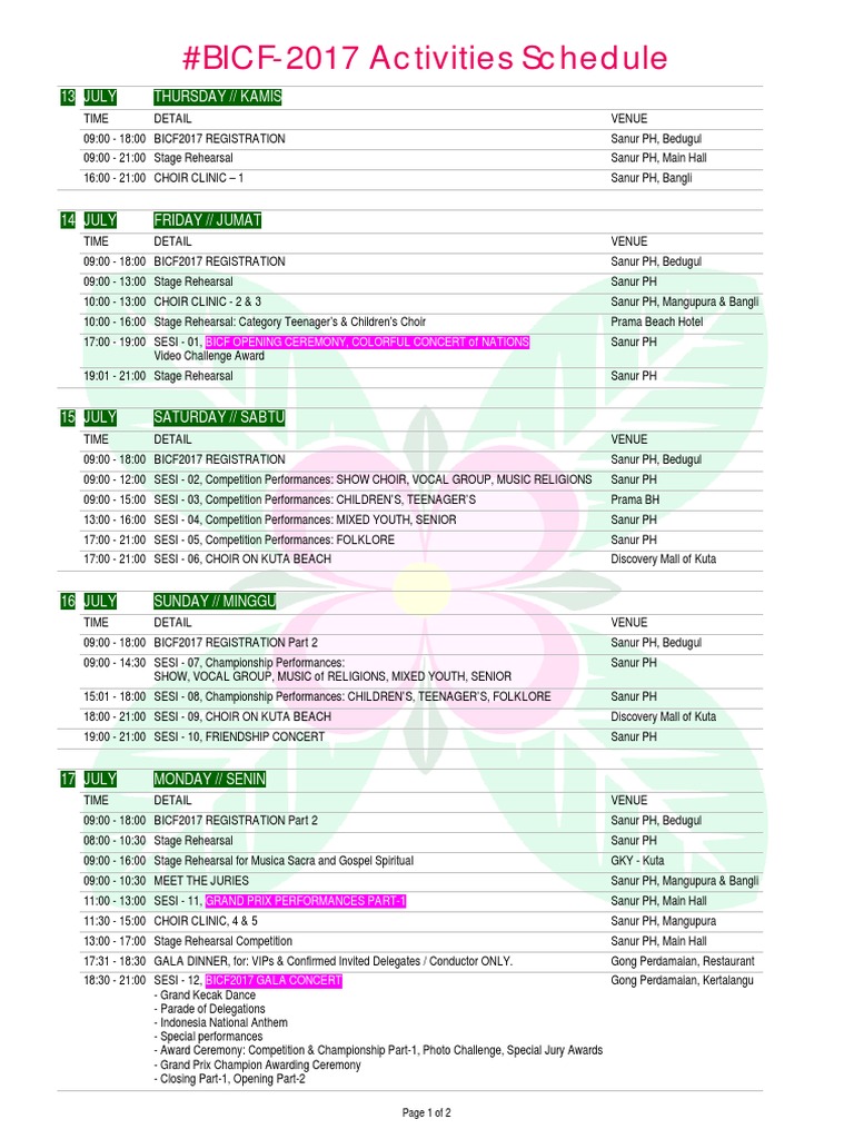 BICF 2017 Event Schedule Overview | PDF | Vocal Music | Music Performance