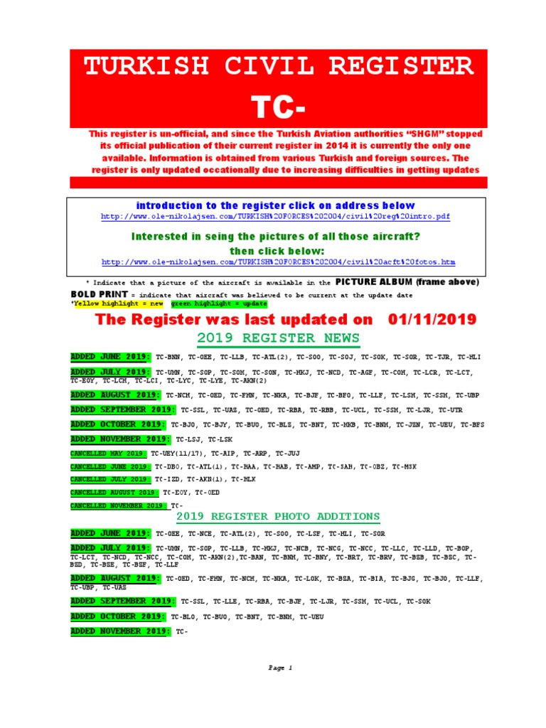Turkish Civil Register TC | PDF | Aircraft | Vehicle Operation