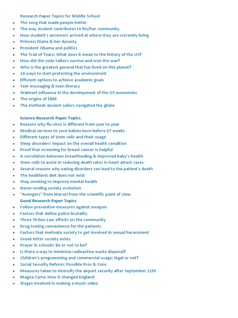 Middle School Research Paper Topics | PDF | Adolescence | Science