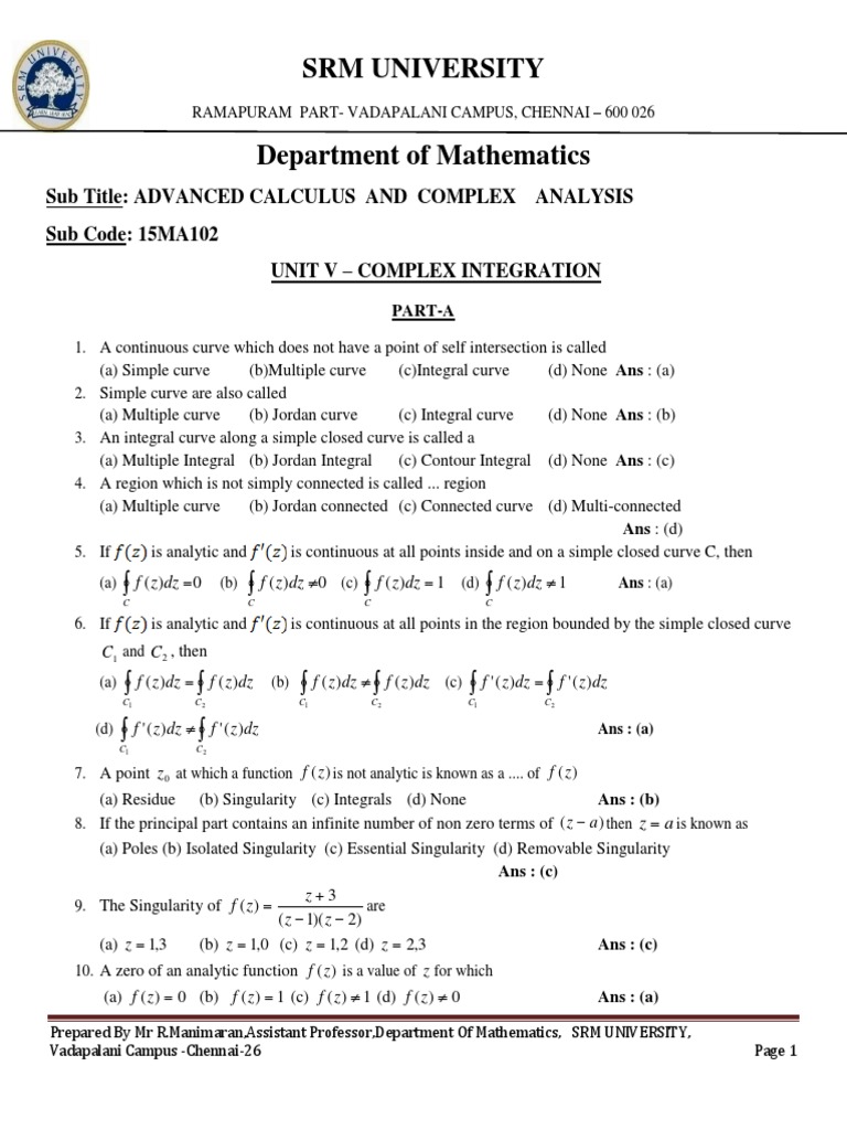 Complex Integration MCQs and Solutions | PDF | Integral | Curve