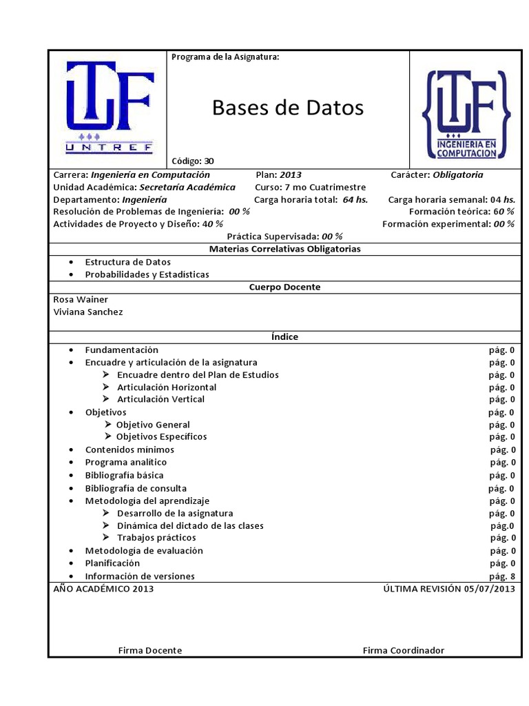 Programa de Asignatura: Bases de Datos | PDF | Base de datos relacional ...
