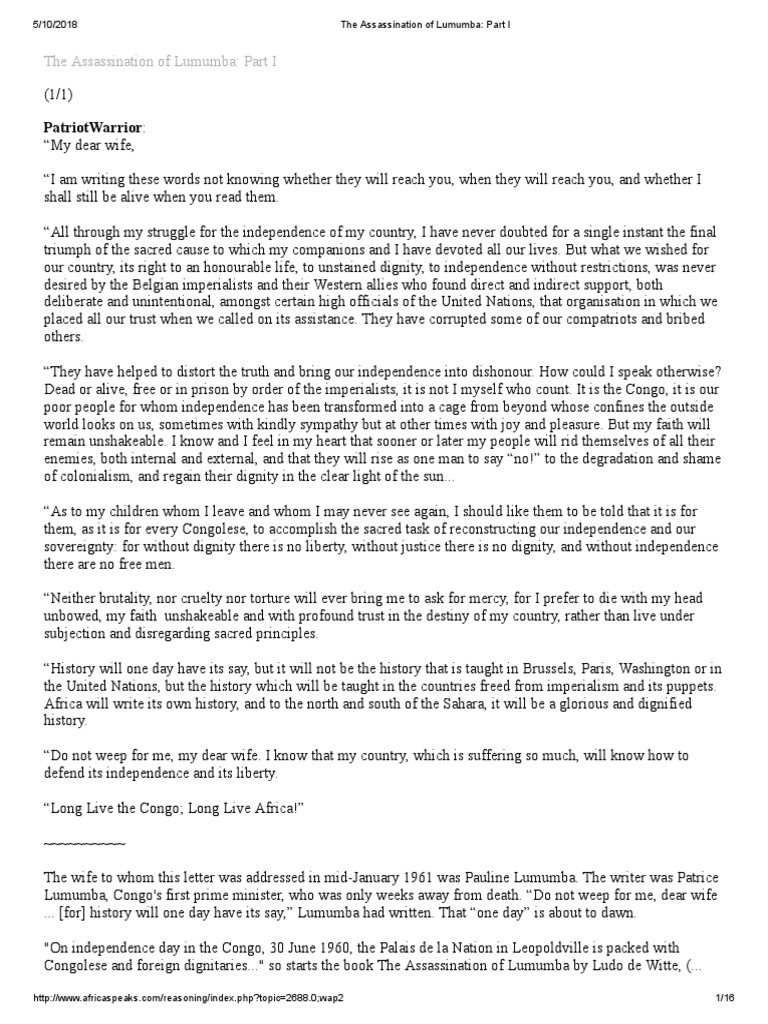 The Assassination of Lumumba Part I PDF Democratic Republic Of
