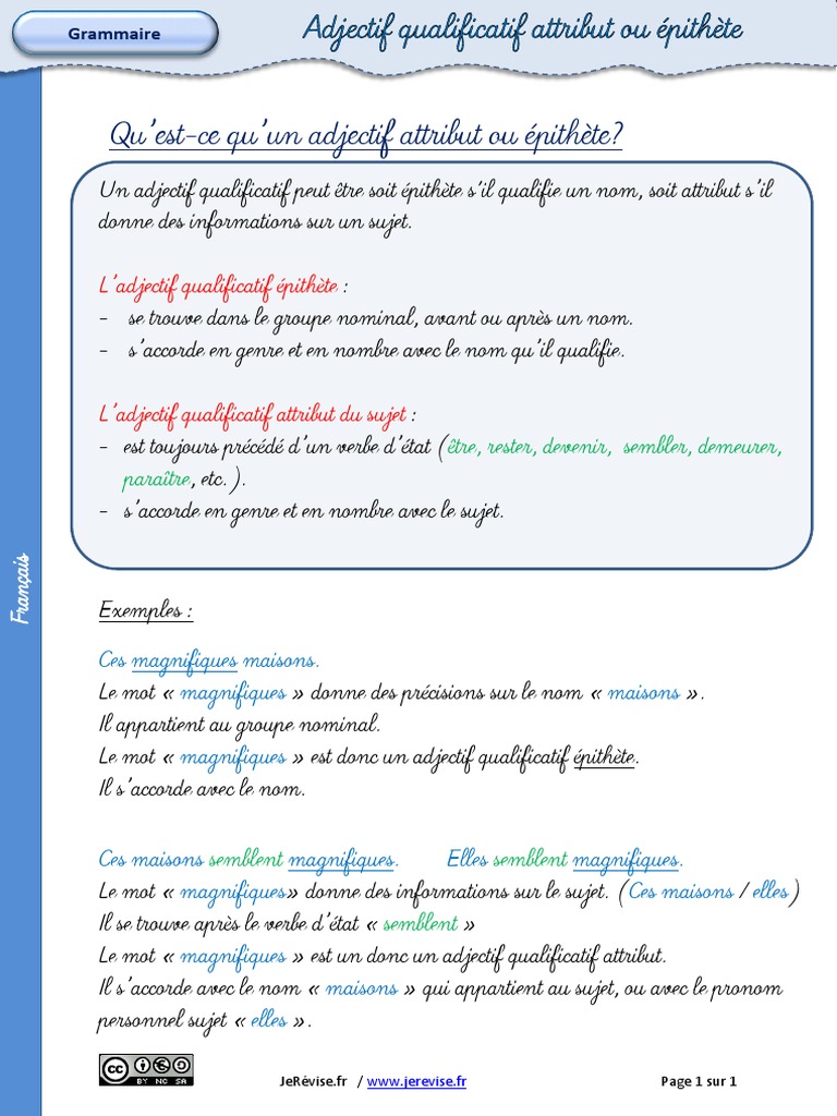 Adjectif épithète Exercices Cm1 Pdf Adjectif Qualificatif Attribut Epithete Lecon | PDF