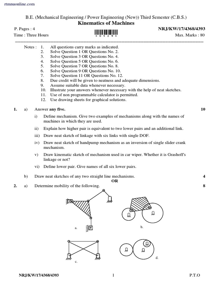 Me 3 Sem Kinematics of Machines Winter 2017 PDF | PDF | Lever | Gear