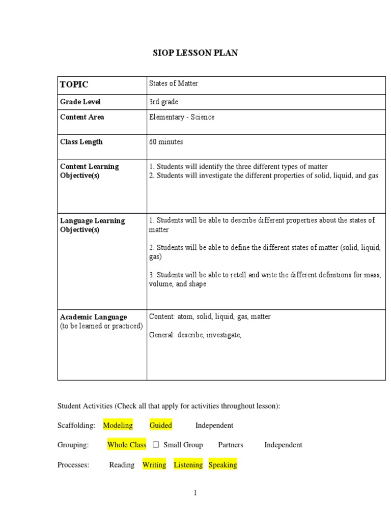 Siop Lesson Plan Science Matter Lesson Plan