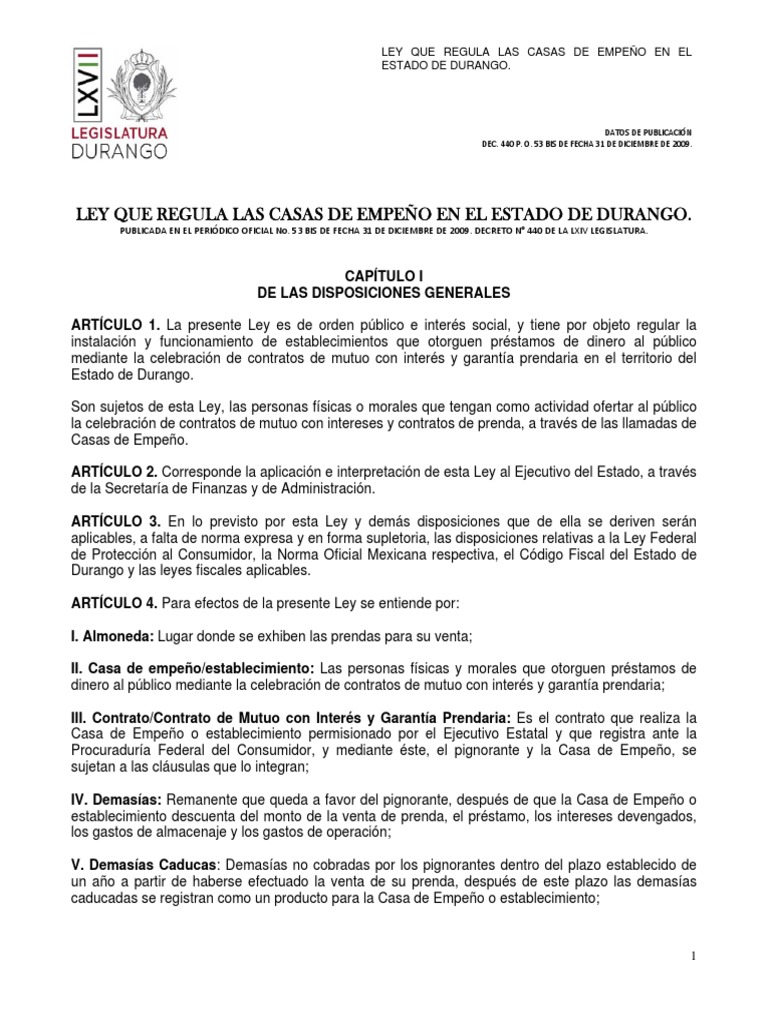 Ley Que Regula Las Casas de Empeno | PDF | Póliza de seguros | Estado  (política)